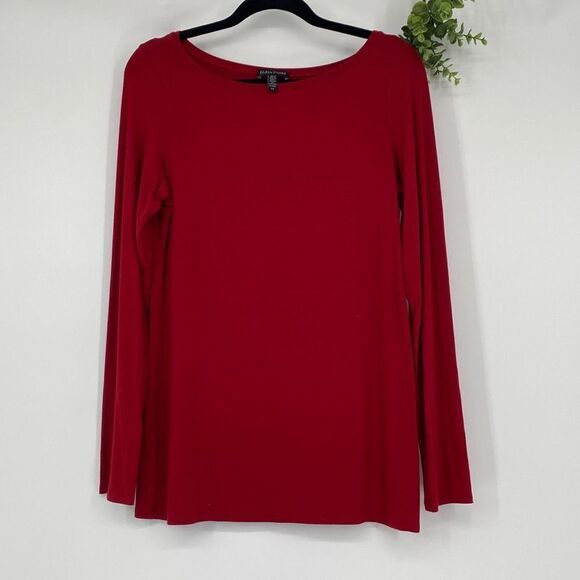 Eileen Fisher Round Neck Viscose‎ Jersey Long Sleeve Tee Tunic Top Red Small - Picture 1 of 11